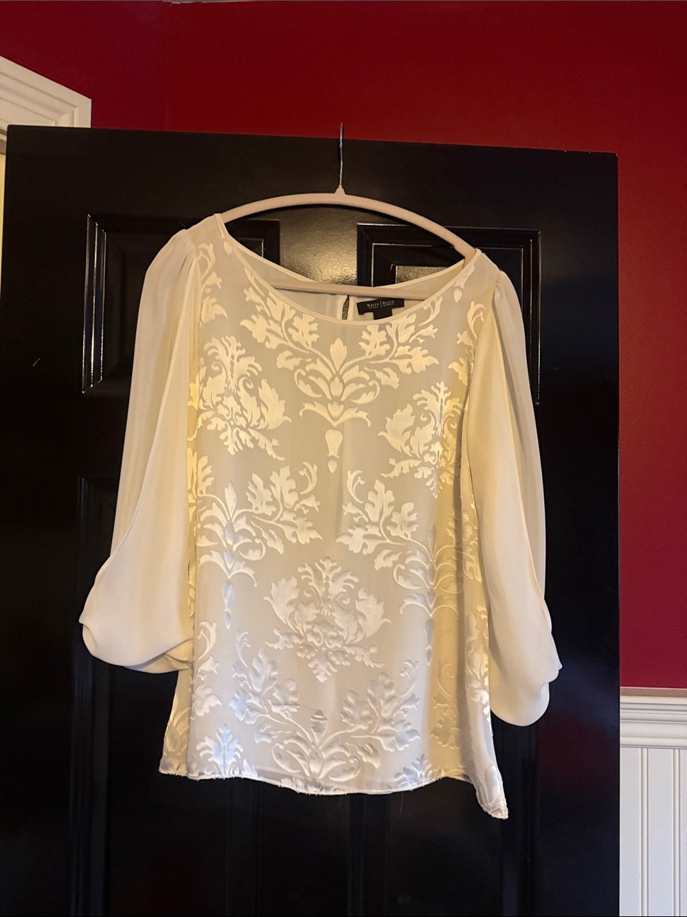 White House Black Market white Damask Blouse with Sheer Sleeves